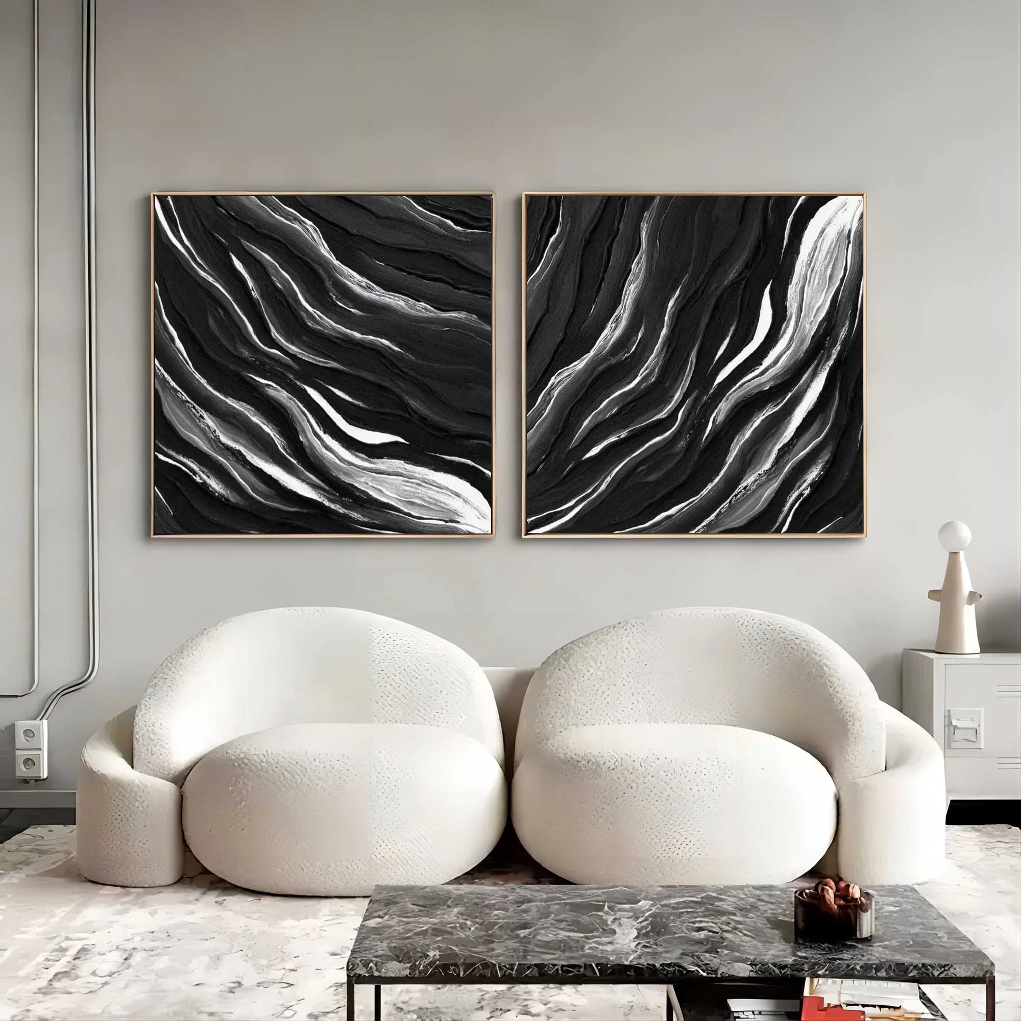 Black Monochrome Tides Diptych Set Of 2 - Artwallpainting