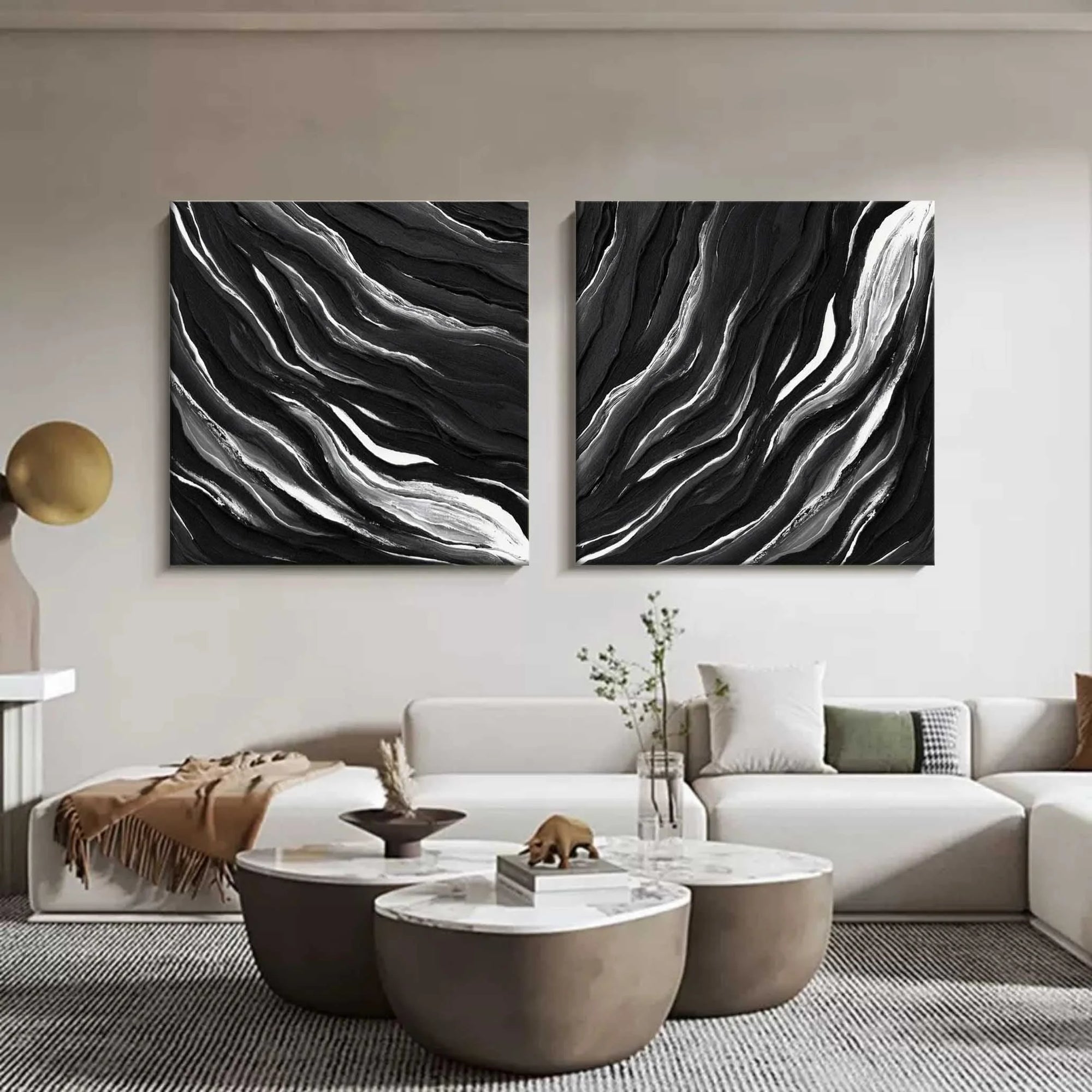 Black Monochrome Tides Diptych Set Of 2 - Artwallpainting