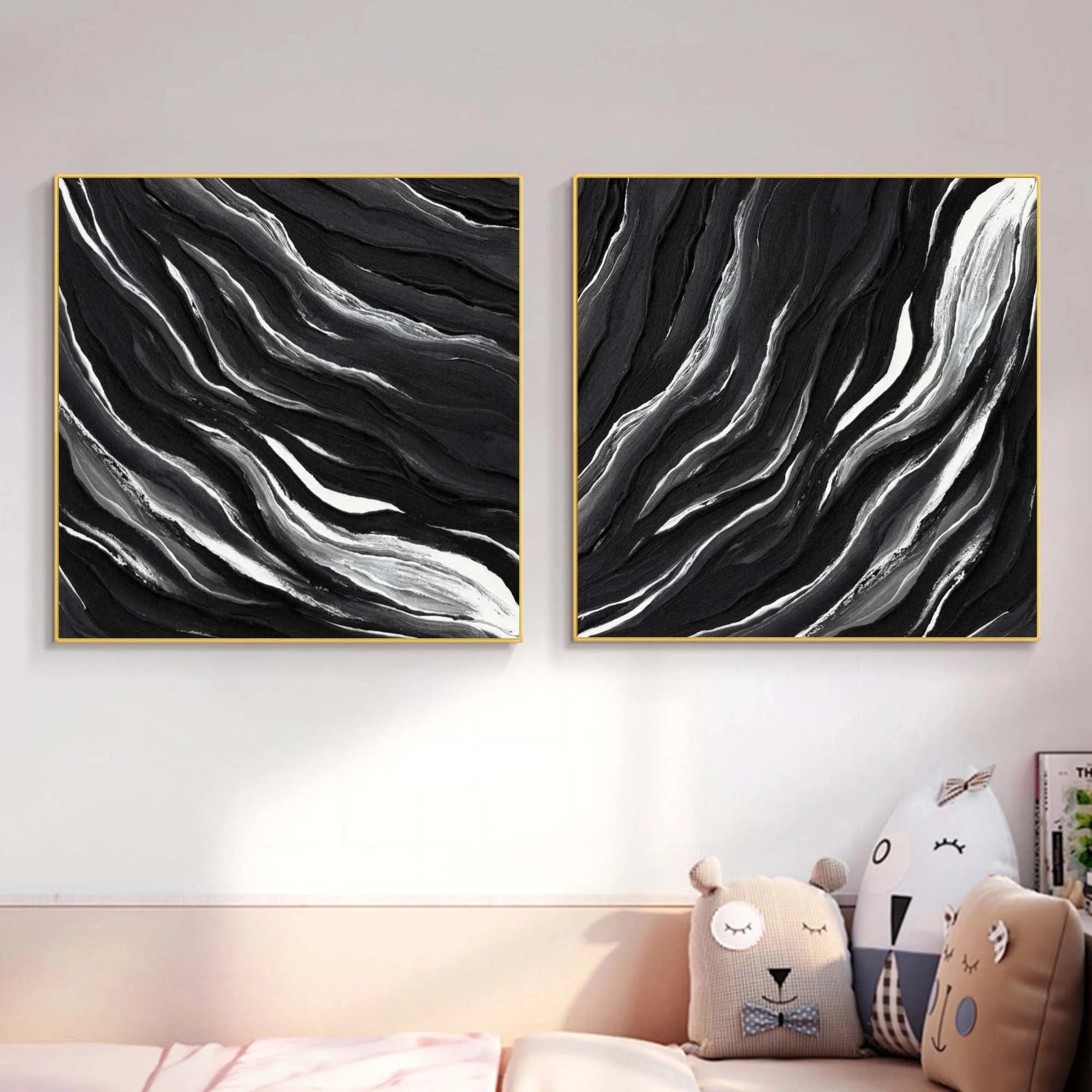Black Monochrome Tides Diptych Set Of 2 - Artwallpainting