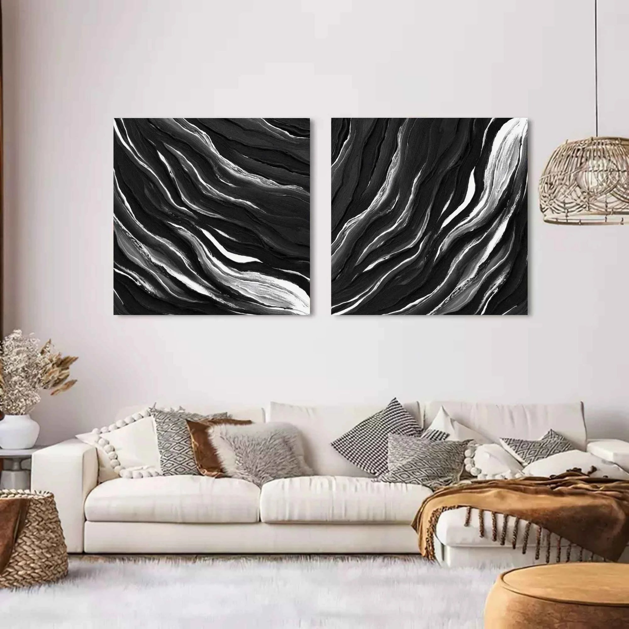 Black Monochrome Tides Diptych Set Of 2 - Artwallpainting
