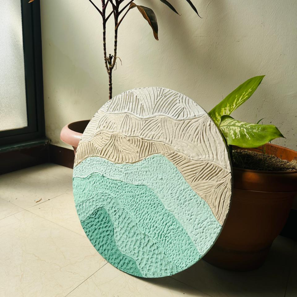 Round textured coaster with gradient design in a home setting