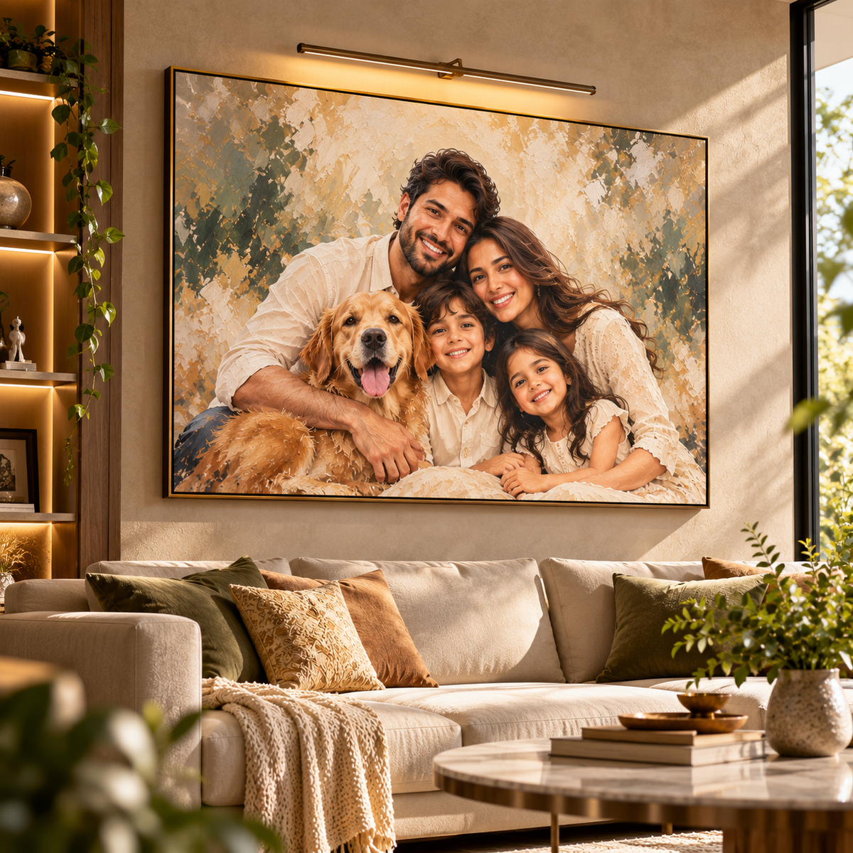 A large framed custom family portrait print hangs on a beige wall above a modern sofa in a styled living room. The artwork depicts a smiling family of four with a golden retriever dog, rendered in warm cream, tan, brown, and soft green tones.