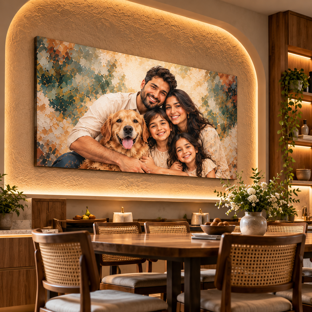 A large rectangular canvas wall art print showing a family portrait with a golden retriever dog, displayed in a warmly lit dining room above a wooden table and chairs.