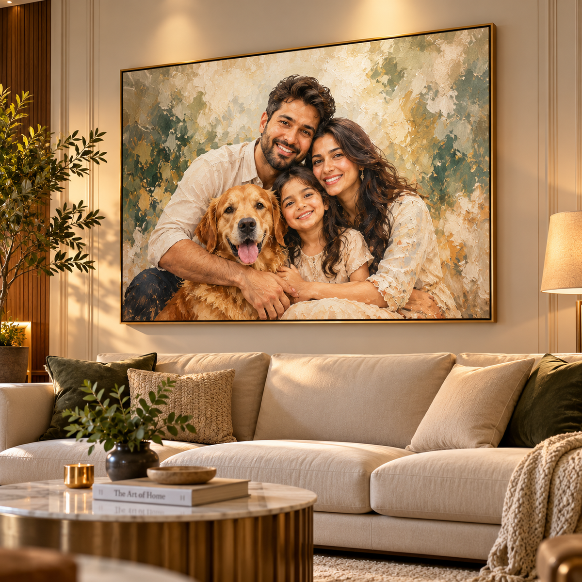 A large framed custom family portrait painting hangs on a beige wall above a cream sofa in a modern living room. The painting depicts a smiling man, a young girl, and a woman hugging a golden retriever dog, with an abstract textured background in warm earthy tones.