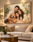 A large framed custom family portrait painting hangs on a beige wall above a cream sofa in a modern living room. The painting depicts a smiling man, a young girl, and a woman hugging a golden retriever dog, with an abstract textured background in warm earthy tones.