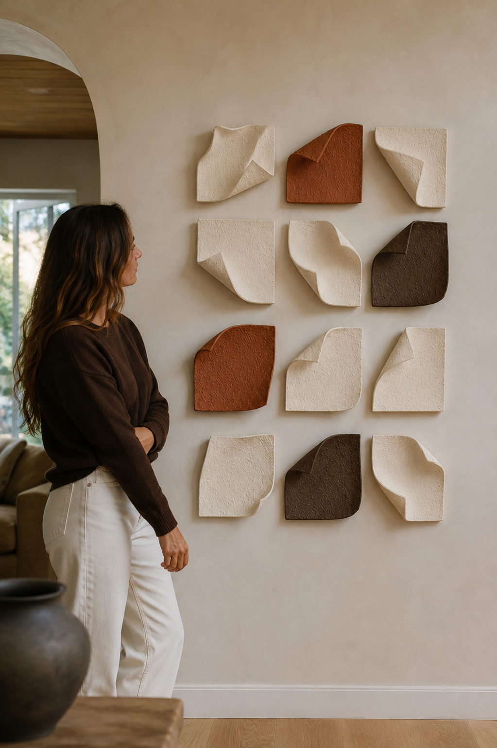 "Symphony in Sand" Minimalist 3D Textured Plaster Wall Art (Set of 12 | 10"x10" Each) – Handcrafted Neutral Geometric Grid Panels for Luxury Living Room &amp; Foyer