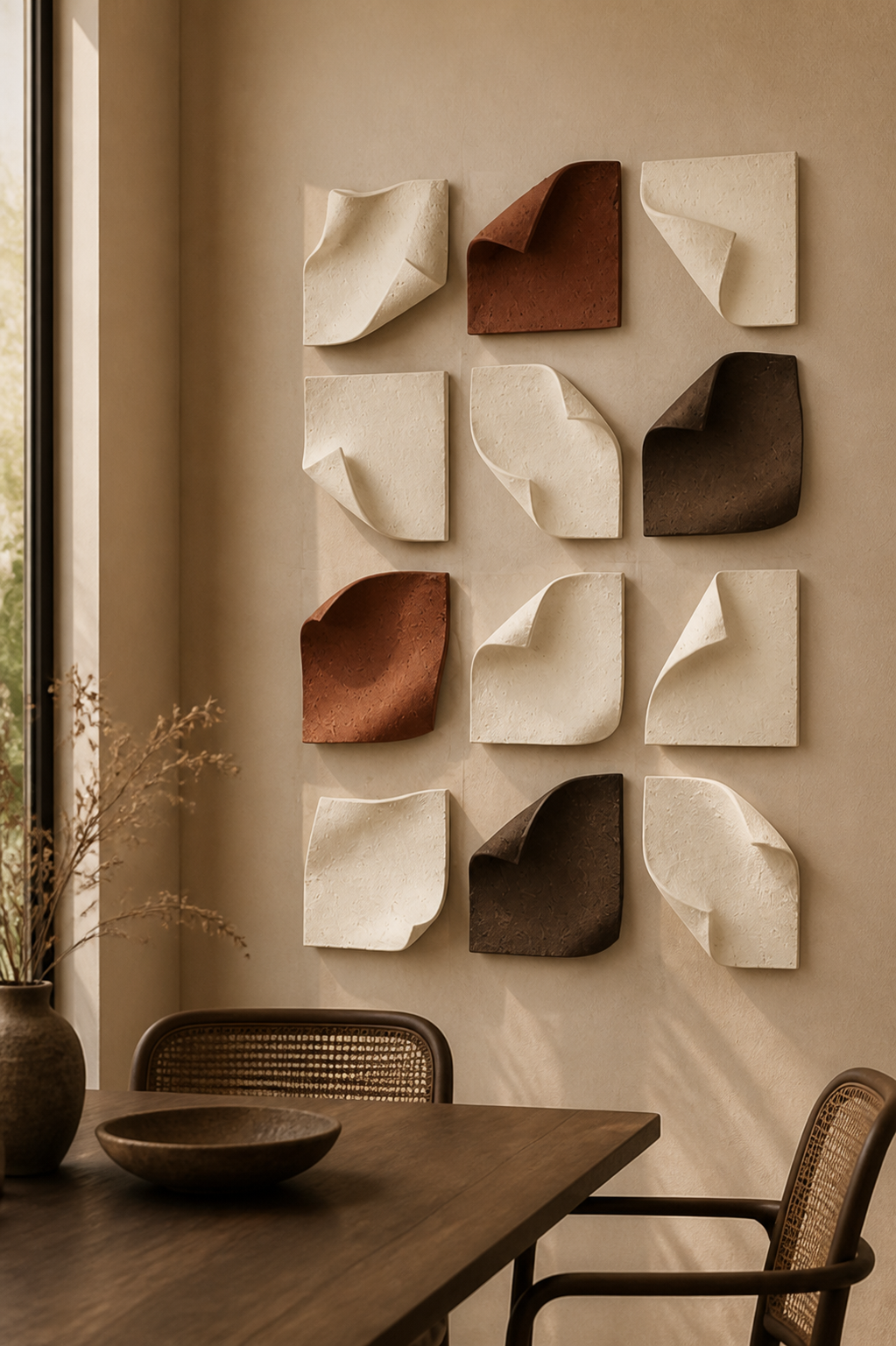 "Symphony in Sand" Minimalist 3D Textured Plaster Wall Art (Set of 12 | 10"x10" Each) – Handcrafted Neutral Geometric Grid Panels for Luxury Living Room &amp; Foyer