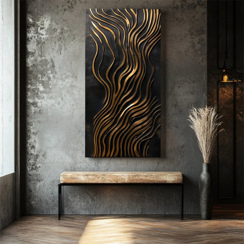 Multicolor 3D Gold Wave Wall Art Modern Abstract Metal-Inspired Textured Design - Artwallpainting