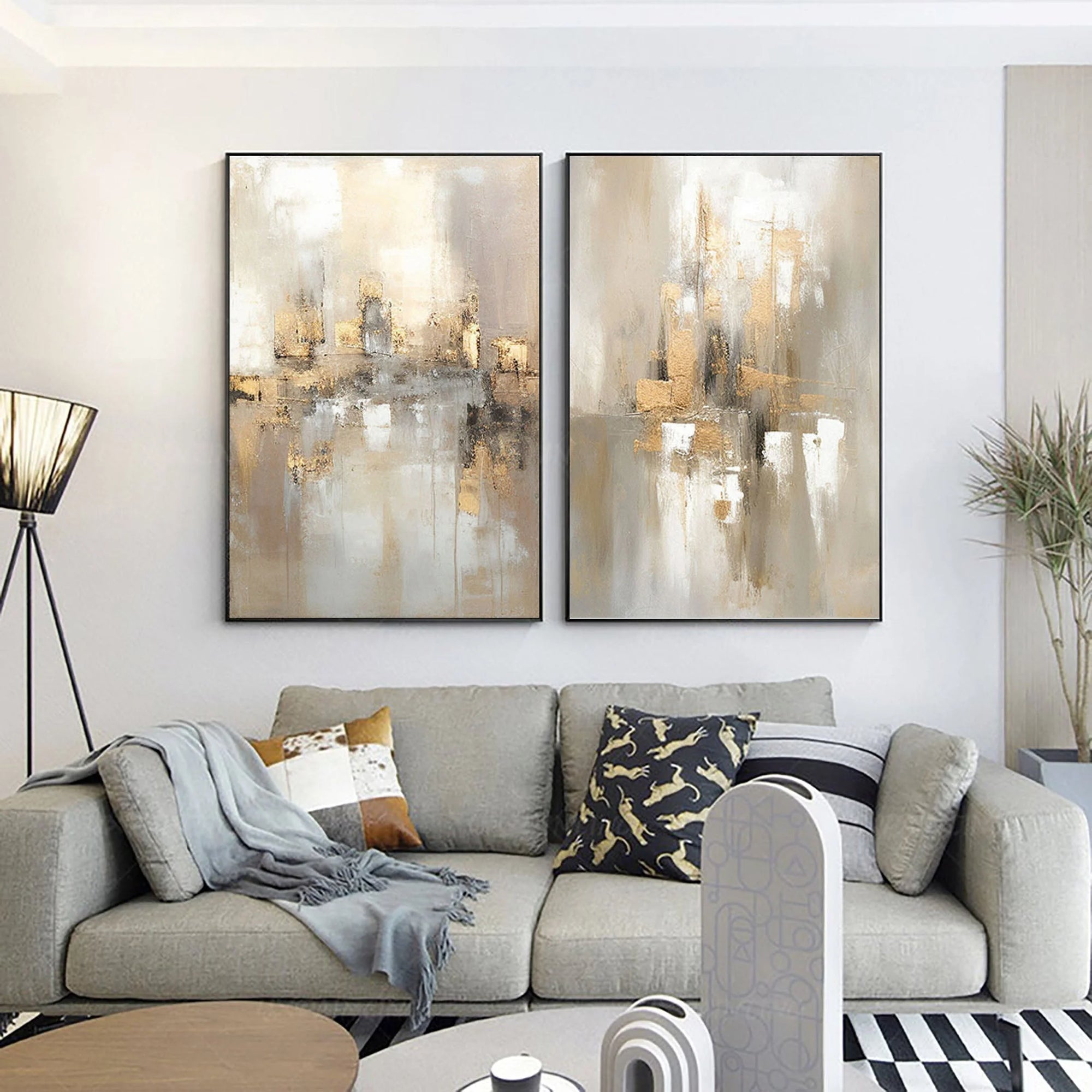 Multicolor Abstract Cityscape Dual Canvas Set With Reflections Set Of 2 - Artwallpainting