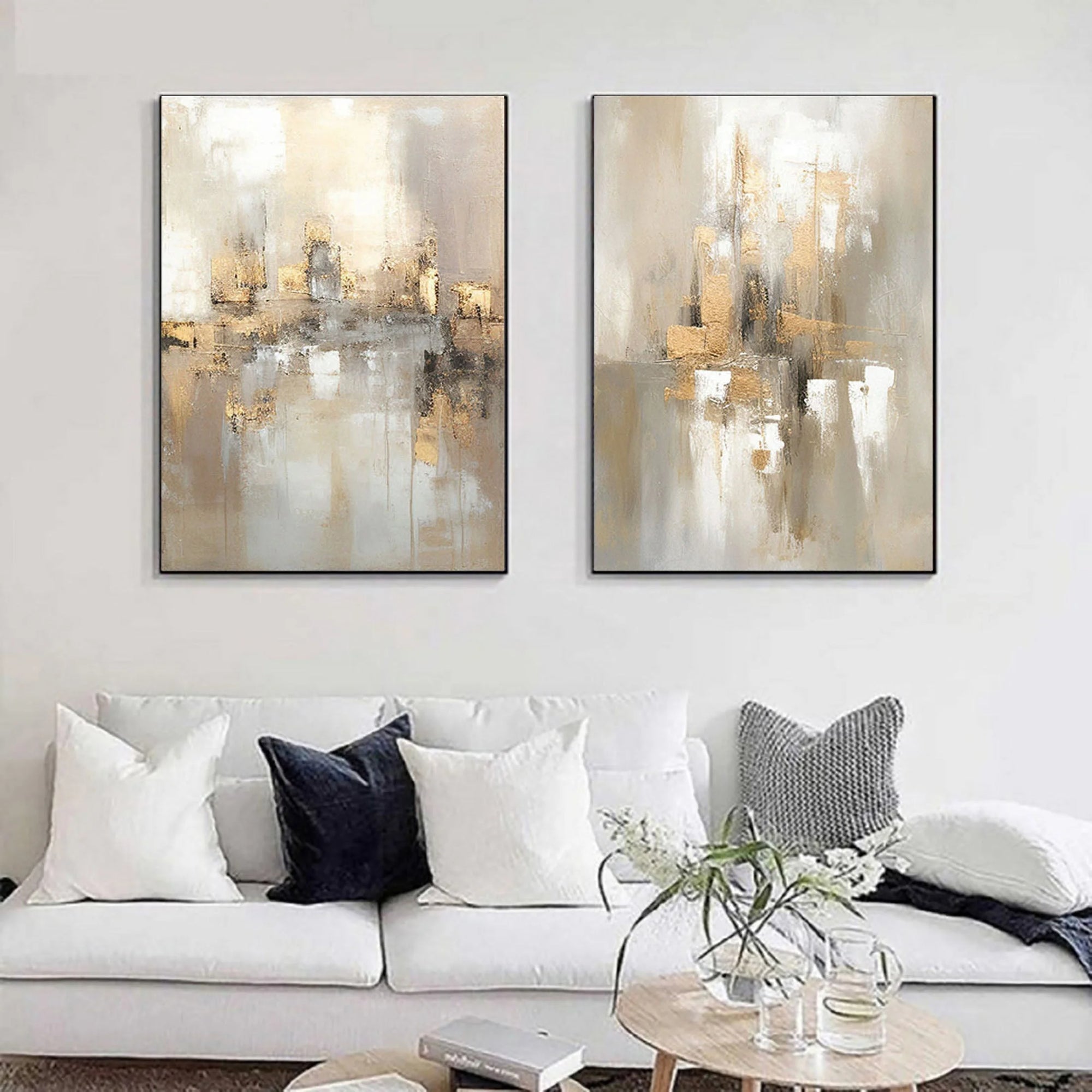 Multicolor Abstract Cityscape Dual Canvas Set With Reflections Set Of 2 - Artwallpainting