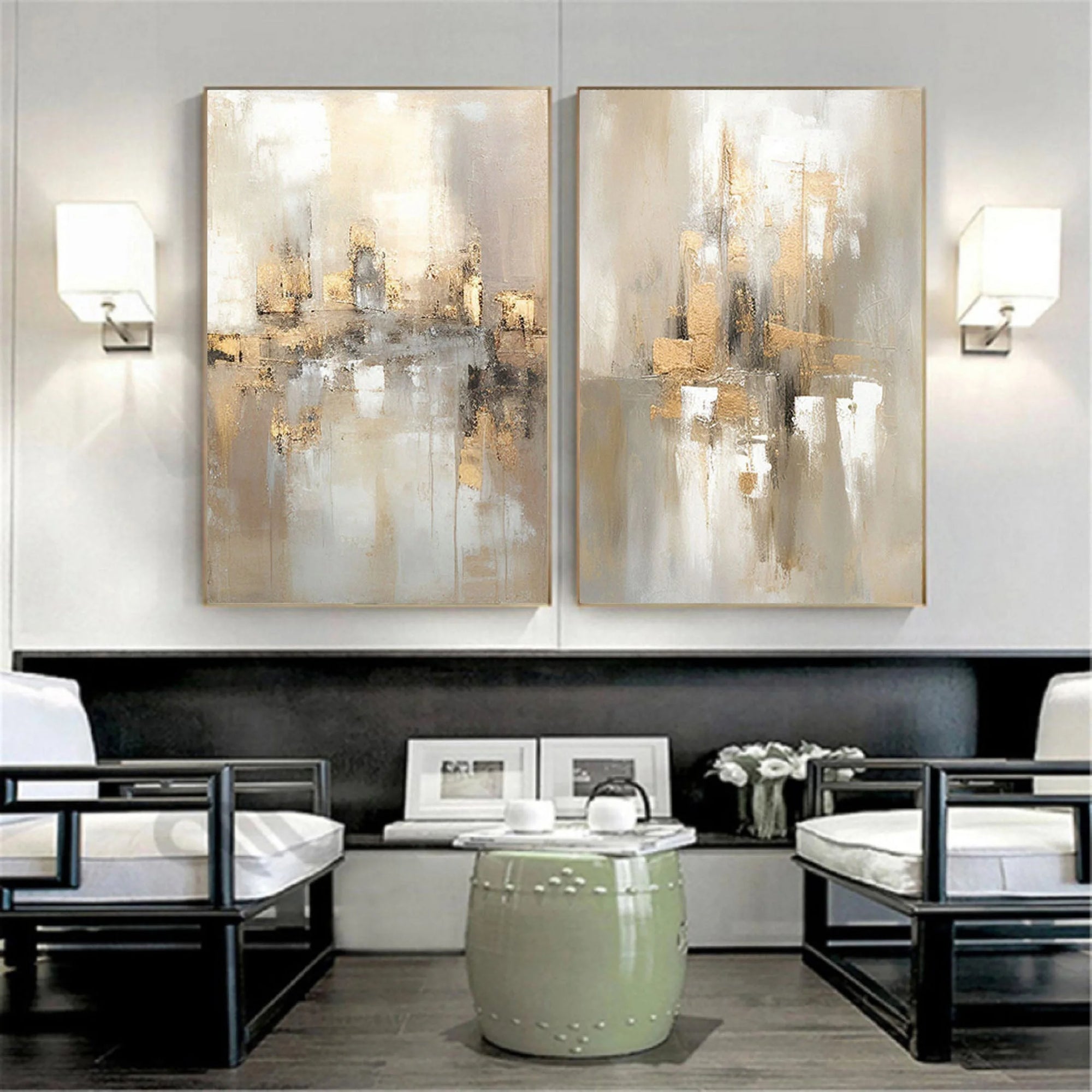 Multicolor Abstract Cityscape Dual Canvas Set With Reflections Set Of 2 - Artwallpainting