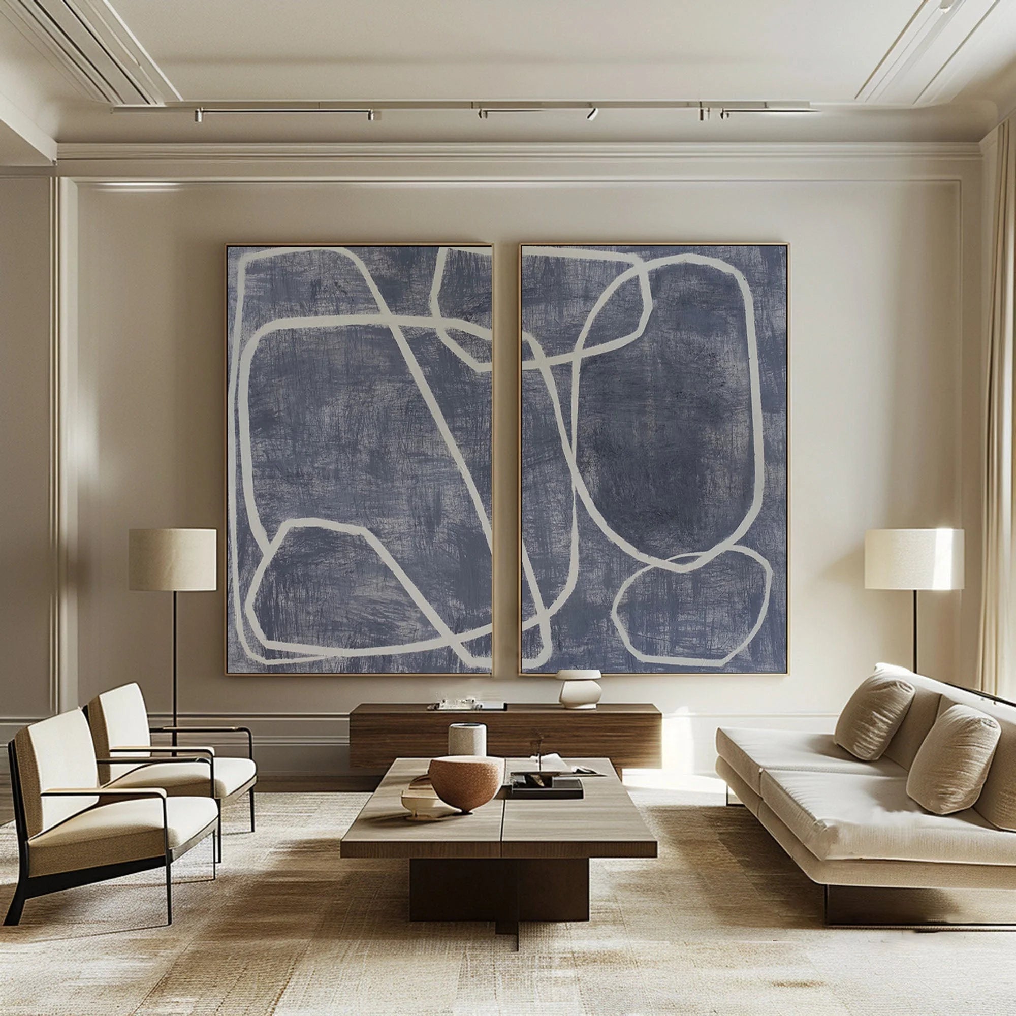 Multicolor Abstract Dual Canvas Art - Dynamic Geometric Linework Set Of 2 - Artwallpainting
