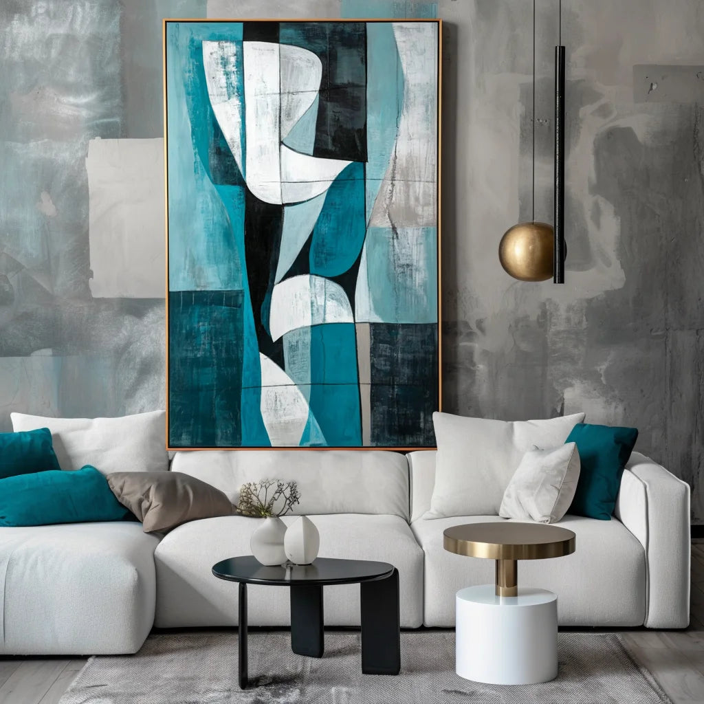Multicolor Abstract Geometric Harmony-Geometric Blue Tone Abstract Hand-Painted Oil Painting Wall Art - Artwallpainting