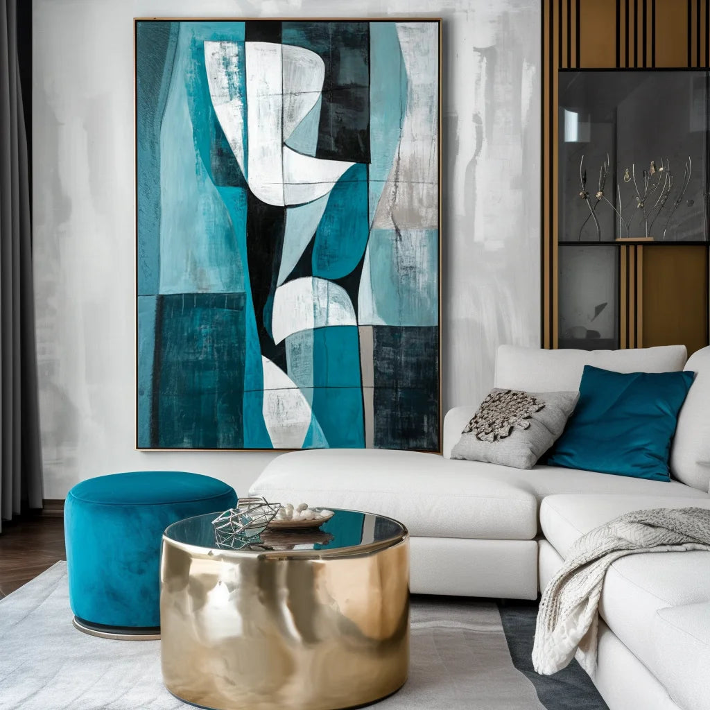 Multicolor Abstract Geometric Harmony-Geometric Blue Tone Abstract Hand-Painted Oil Painting Wall Art - Artwallpainting