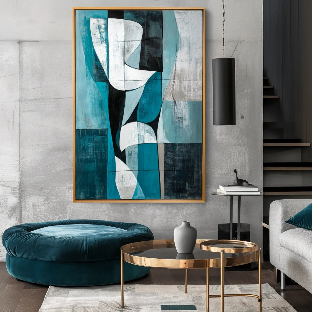 Multicolor Abstract Geometric Harmony-Geometric Blue Tone Abstract Hand-Painted Oil Painting Wall Art - Artwallpainting