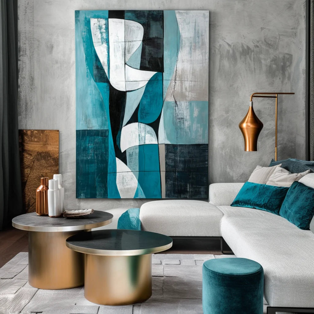 Multicolor Abstract Geometric Harmony-Geometric Blue Tone Abstract Hand-Painted Oil Painting Wall Art - Artwallpainting