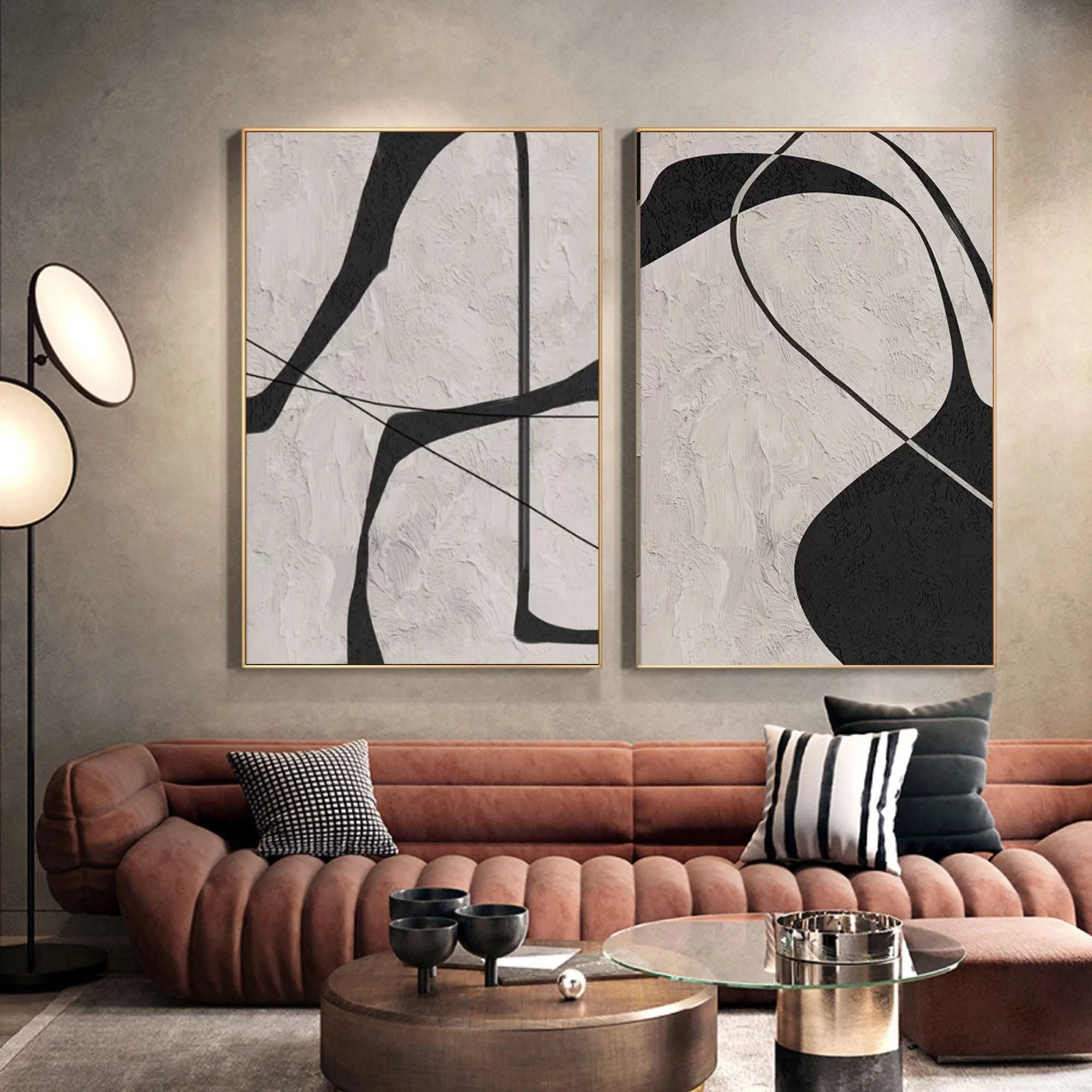 Multicolor Abstract Monochrome Dual Panel Wall Art Set Of 2 - Artwallpainting