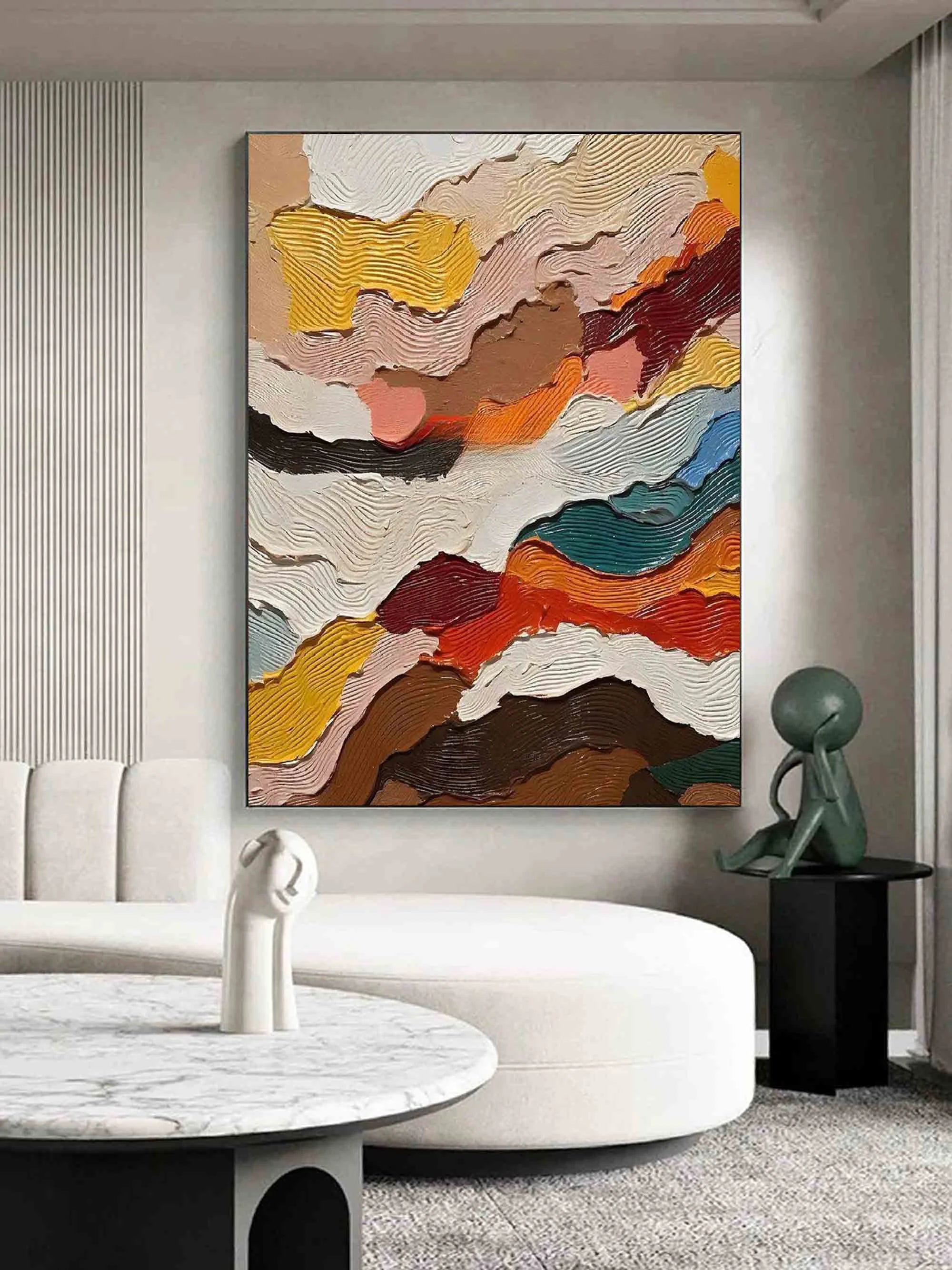 Multicolor Abstract Textured Layered Painting - Modern Wave Patterns On Canvas - Artwallpainting