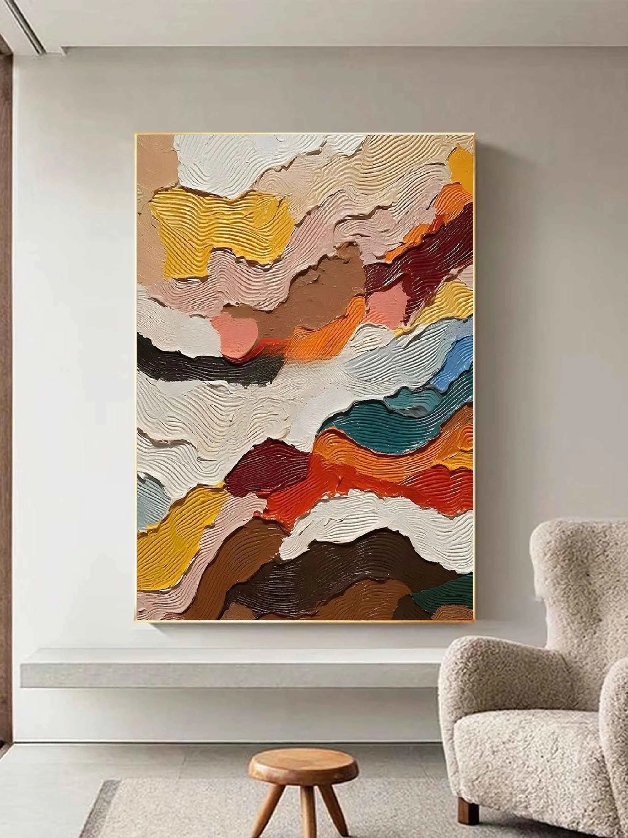 Multicolor Abstract Textured Layered Painting - Modern Wave Patterns On Canvas - Artwallpainting