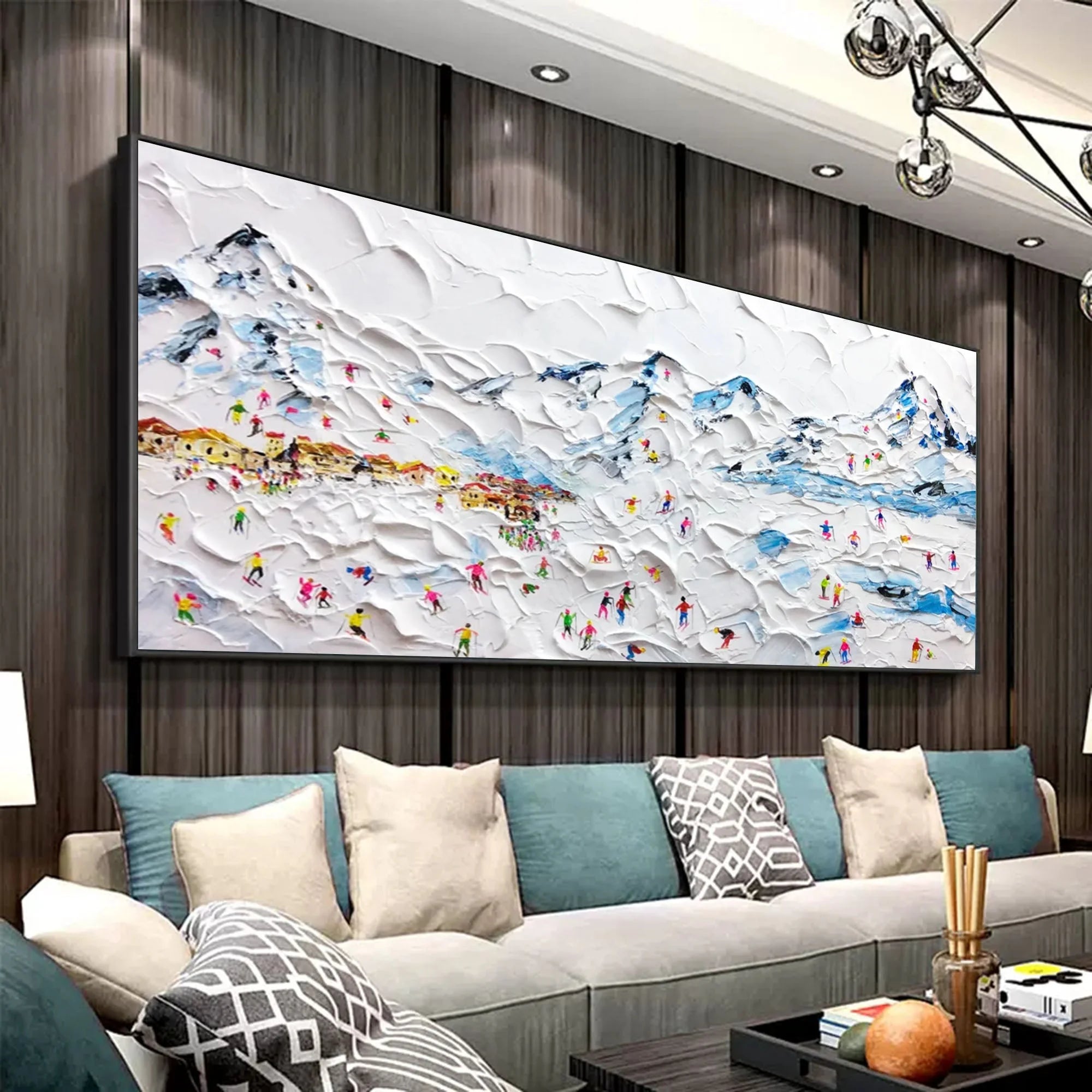 Multicolor Alpine Village Textured Ski Resort Scene - Artwallpainting