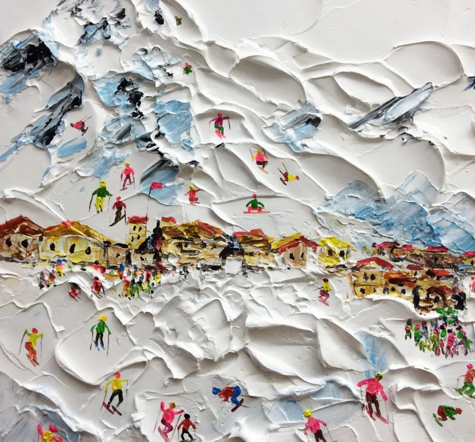 Multicolor Alpine Village Textured Ski Resort Scene - Artwallpainting