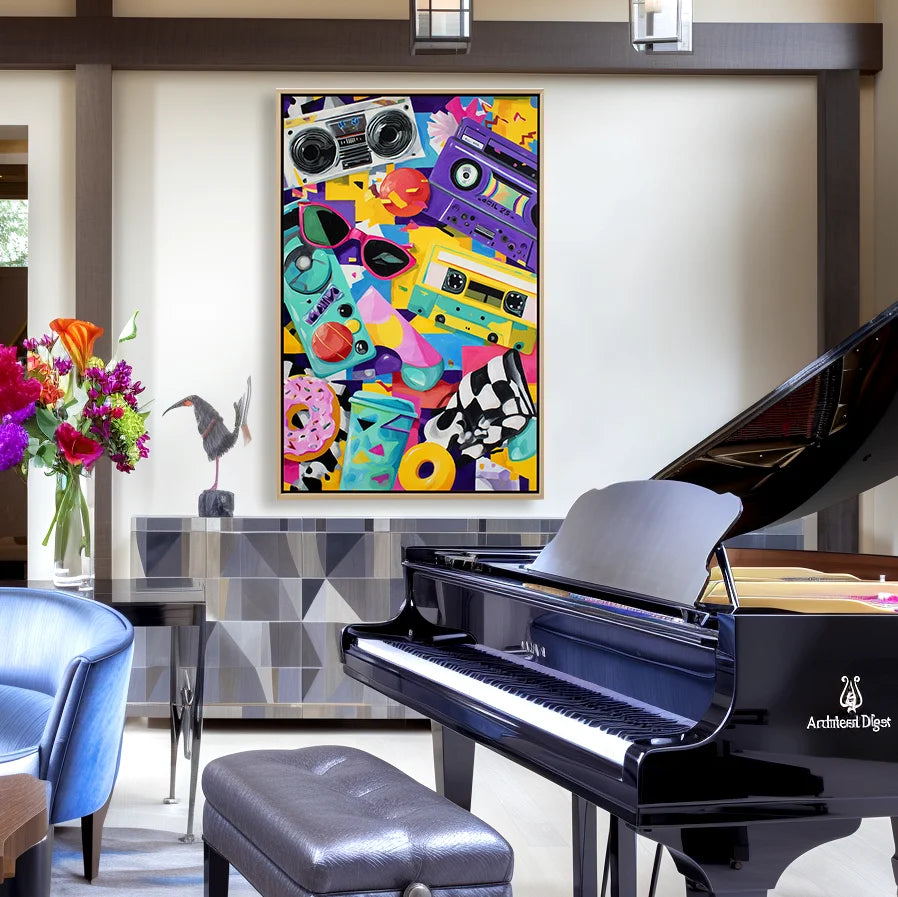 Multicolor Artextured Retro Pop Beats | Colorful Cassette &amp; Boombox Pop Art Painting - Artwallpainting