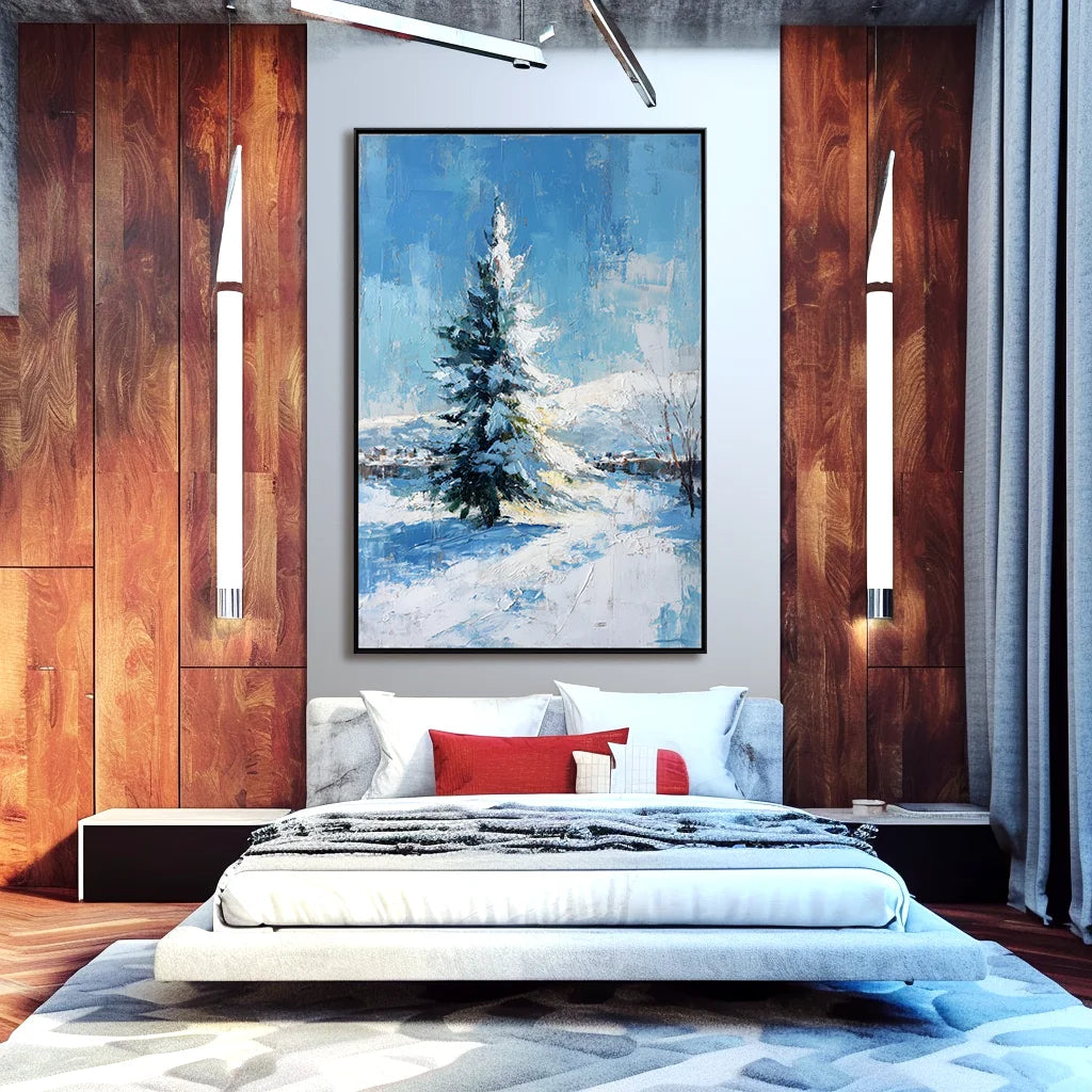 Multicolor Artextured Winter Serenity | Snowy Pine Tree Textured Oil Painting - Artwallpainting