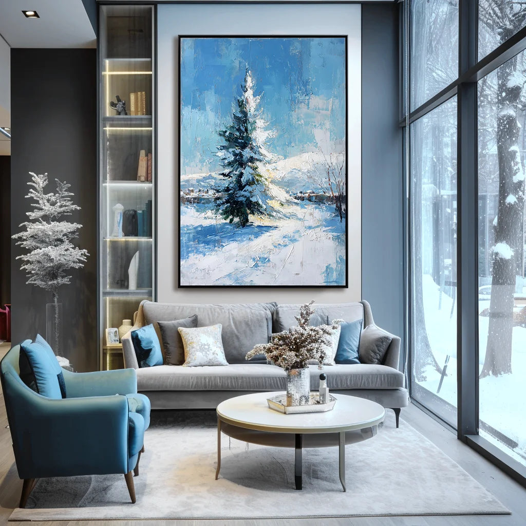 Multicolor Artextured Winter Serenity | Snowy Pine Tree Textured Oil Painting - Artwallpainting
