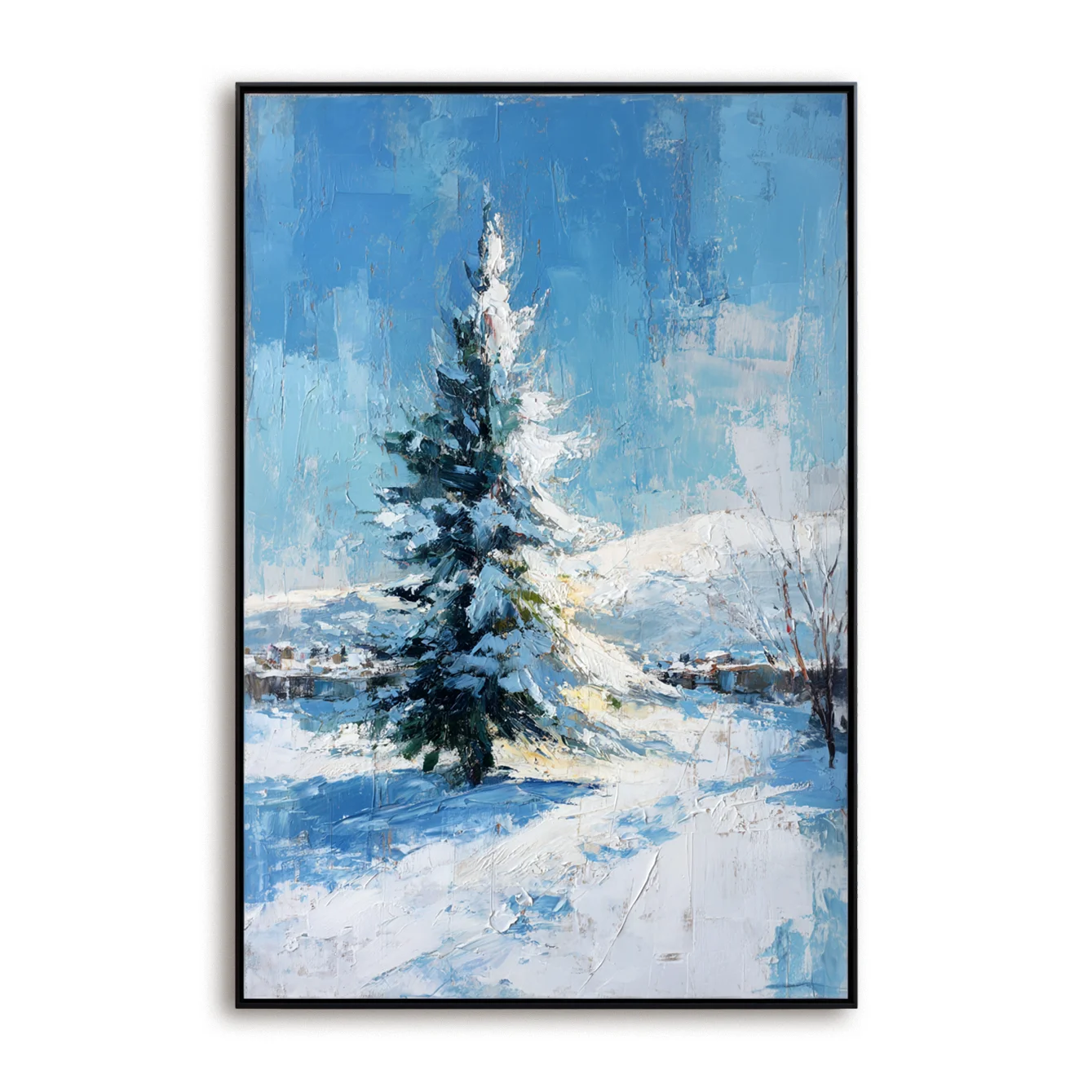 Multicolor Artextured Winter Serenity | Snowy Pine Tree Textured Oil Painting - Artwallpainting