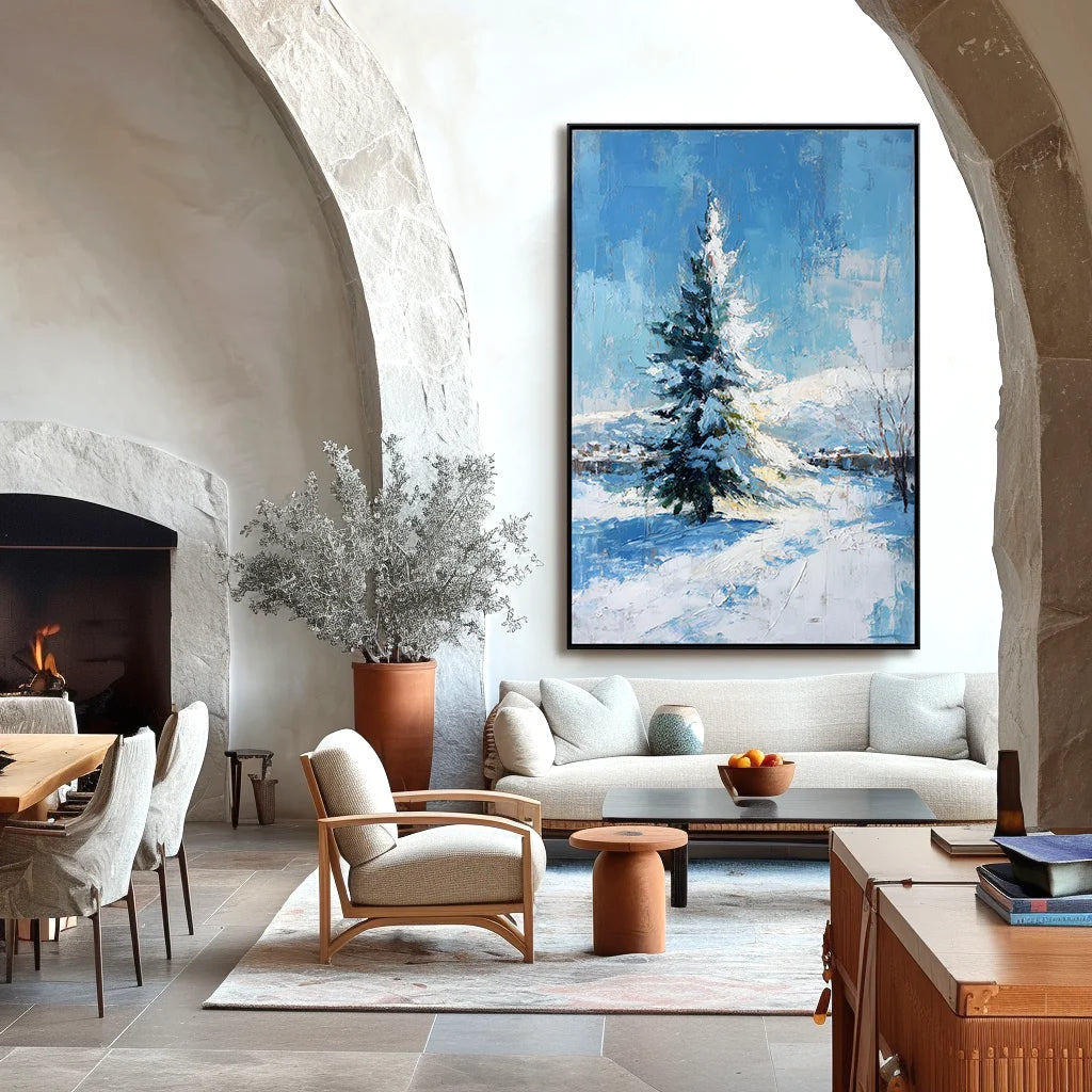 Multicolor Artextured Winter Serenity | Snowy Pine Tree Textured Oil Painting - Artwallpainting