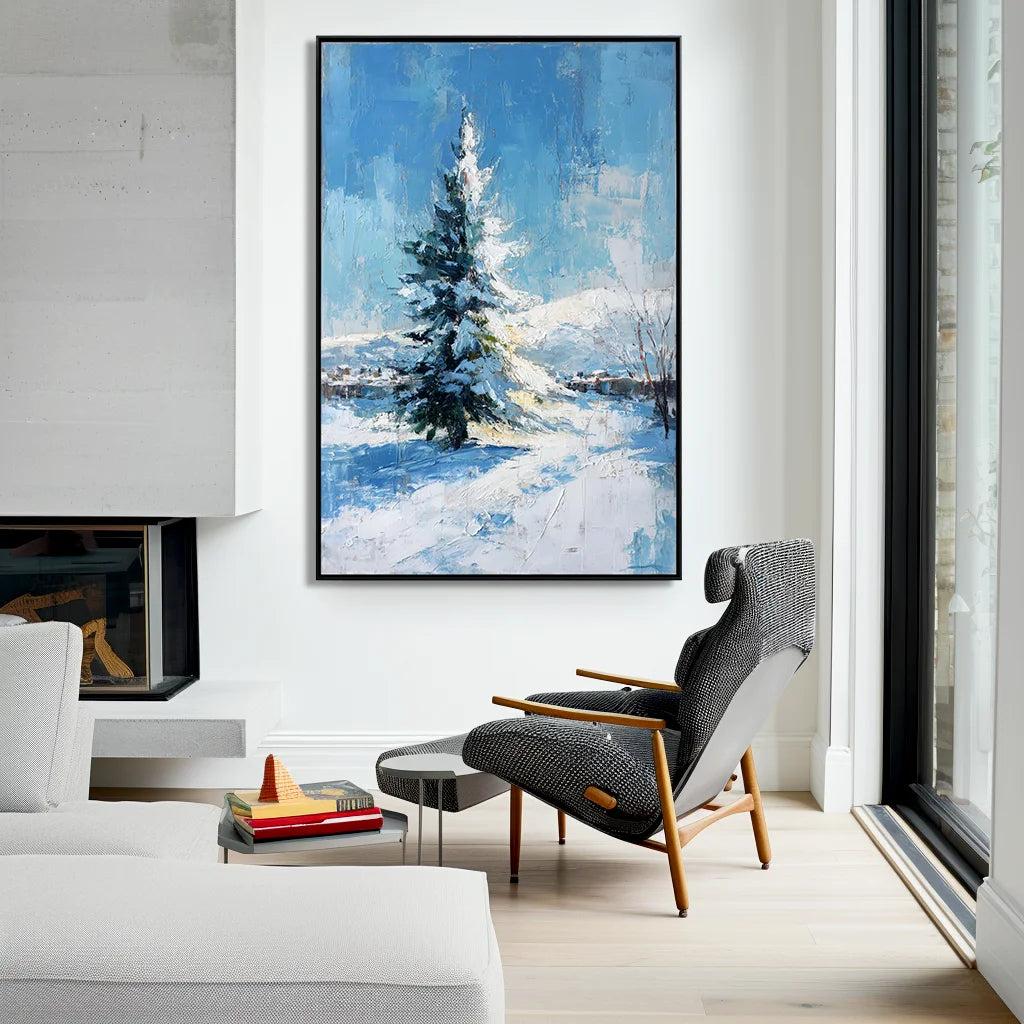 Multicolor Artextured Winter Serenity | Snowy Pine Tree Textured Oil Painting - Artwallpainting