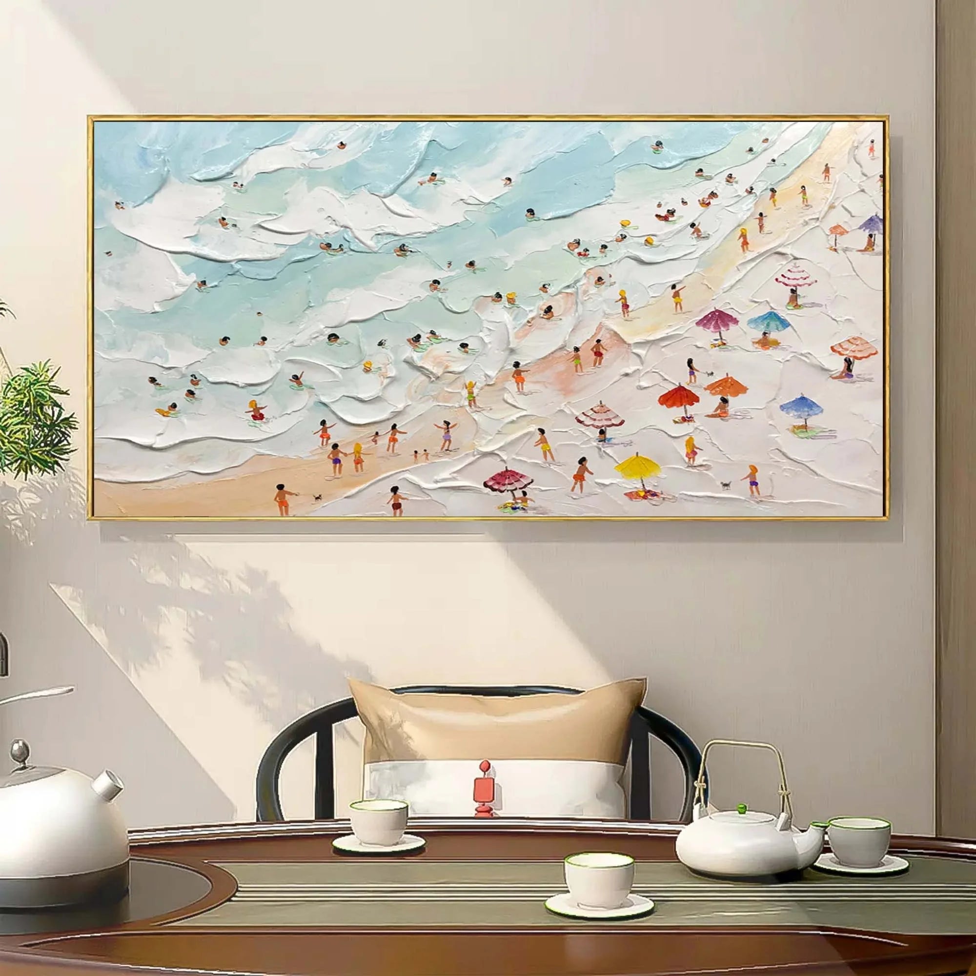 Multicolor Beachside Bliss Textured Coastal Scene Art - Artwallpainting