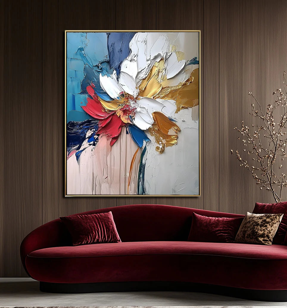 Multicolor Blooming Essence In Gold-Abstract Wall Art Featuring Three-Dimensional Texture And Colorful Flowers - Artwallpainting
