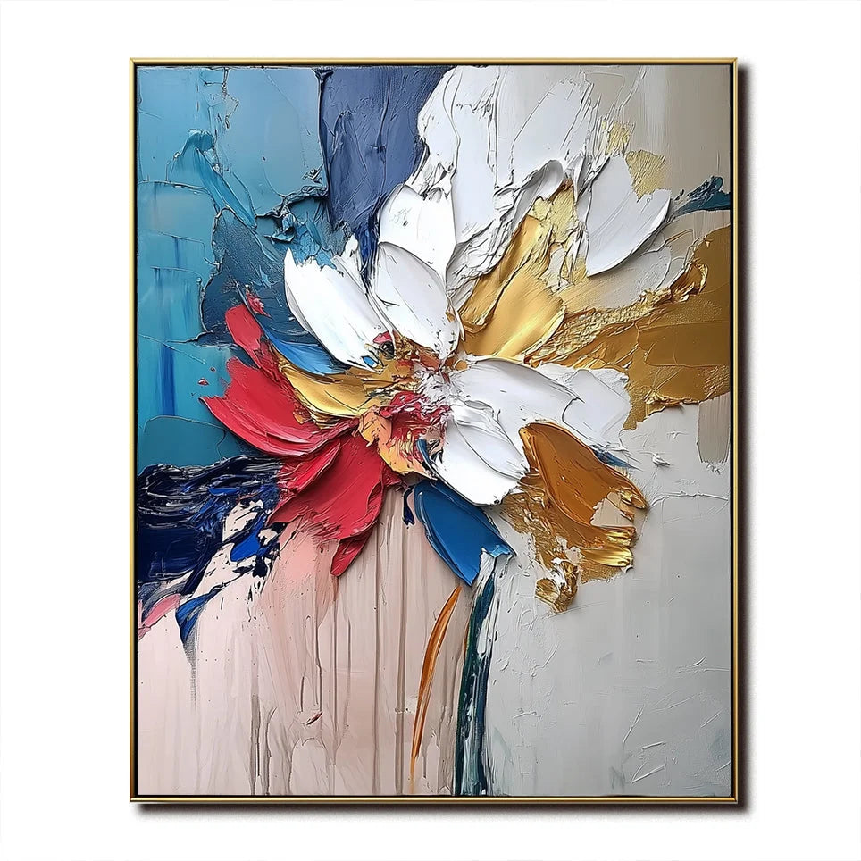 Multicolor Blooming Essence In Gold-Abstract Wall Art Featuring Three-Dimensional Texture And Colorful Flowers - Artwallpainting