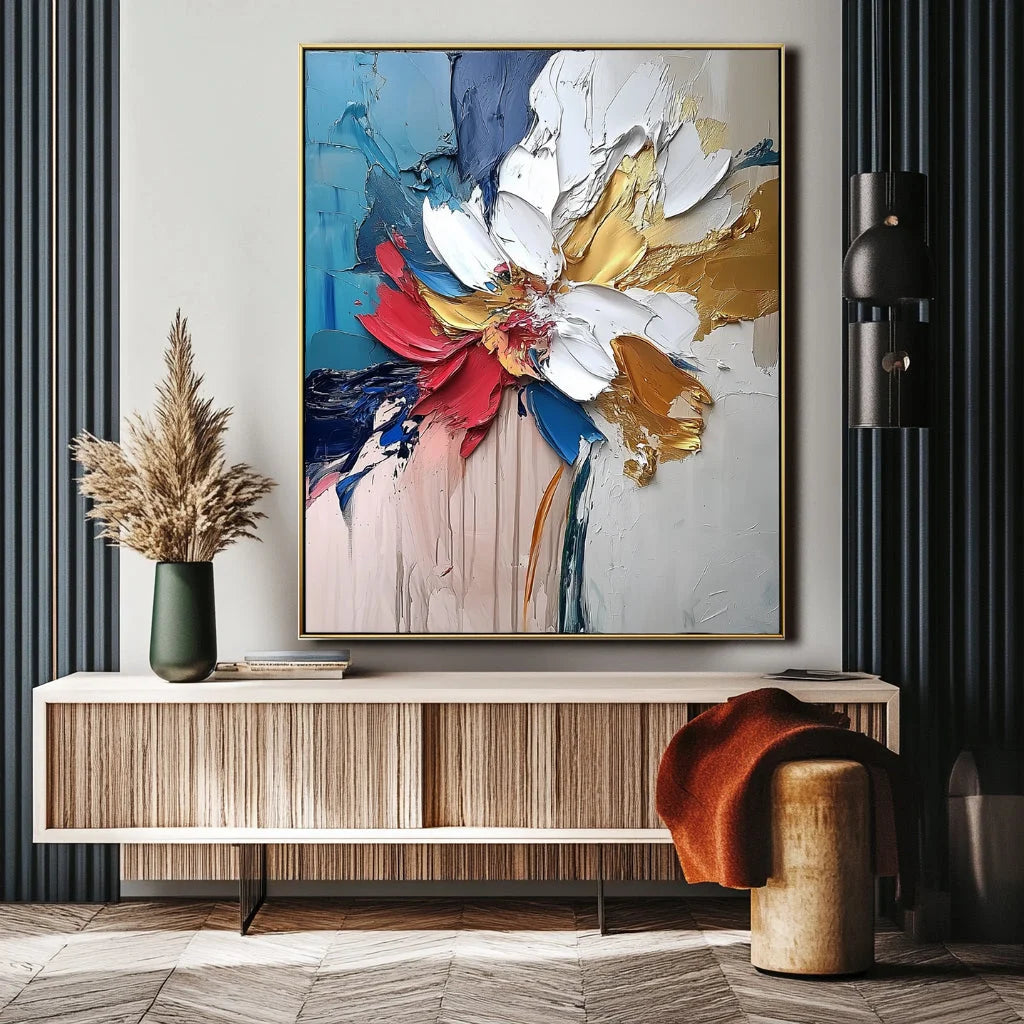 Multicolor Blooming Essence In Gold-Abstract Wall Art Featuring Three-Dimensional Texture And Colorful Flowers - Artwallpainting