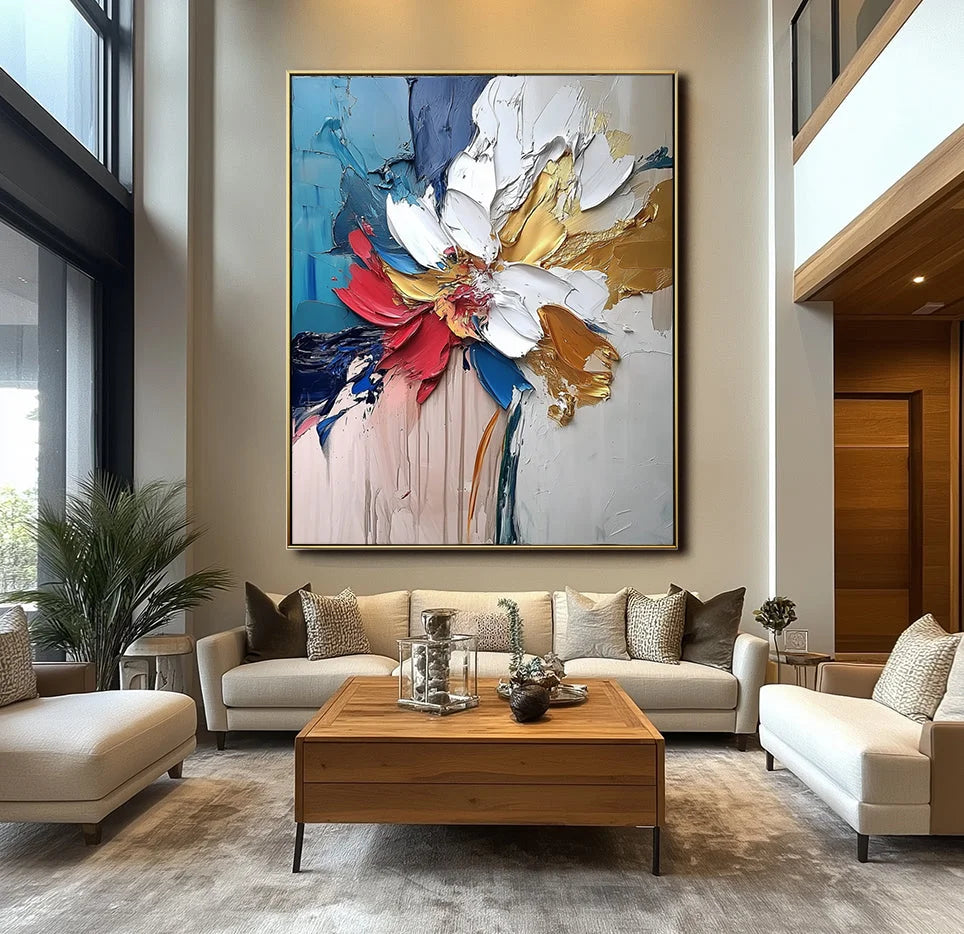 Multicolor Blooming Essence In Gold-Abstract Wall Art Featuring Three-Dimensional Texture And Colorful Flowers - Artwallpainting