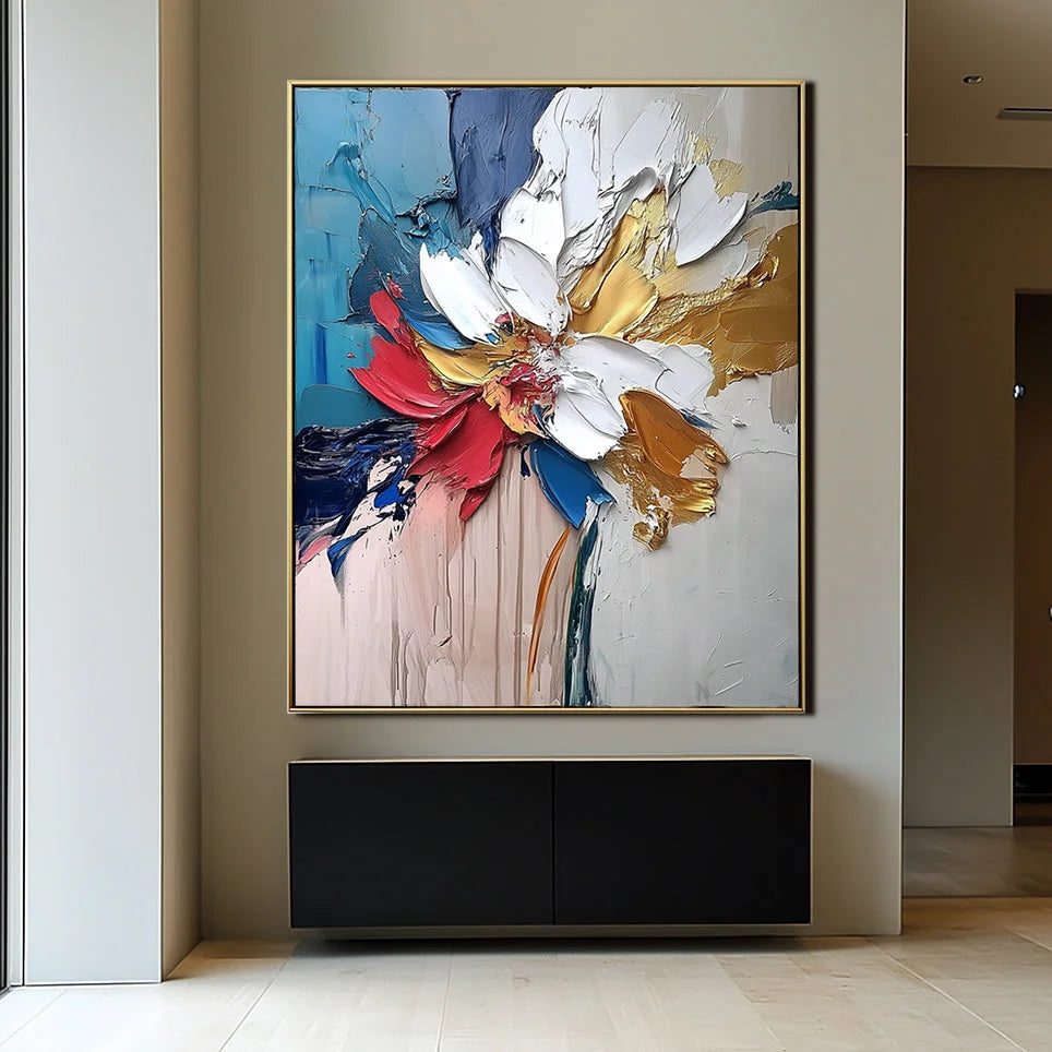 Multicolor Blooming Essence In Gold-Abstract Wall Art Featuring Three-Dimensional Texture And Colorful Flowers - Artwallpainting