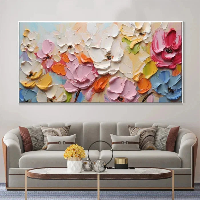 Multicolor Blooming Symphony - Hand-Painted Textured Floral Oil Painting - Artwallpainting