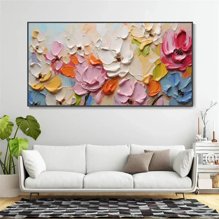 Multicolor Blooming Symphony - Hand-Painted Textured Floral Oil Painting - Artwallpainting
