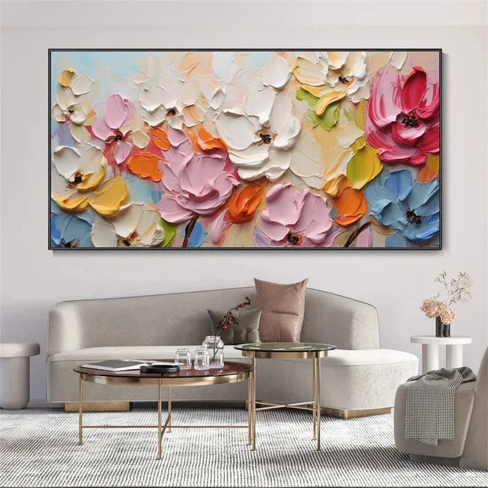 Multicolor Blooming Symphony - Hand-Painted Textured Floral Oil Painting - Artwallpainting