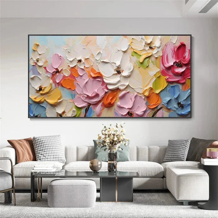 Multicolor Blooming Symphony - Hand-Painted Textured Floral Oil Painting - Artwallpainting