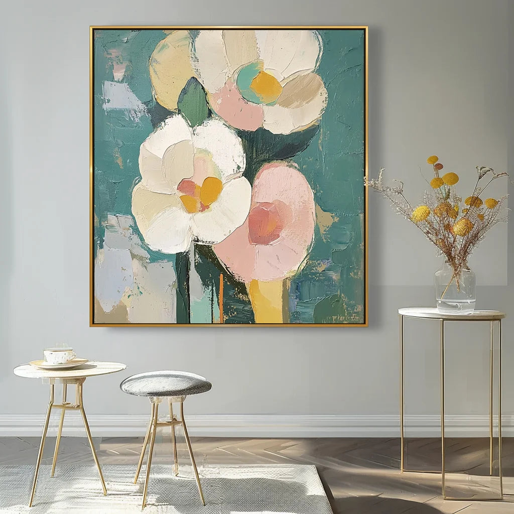 Multicolor Blooms In Hues-Abstract Texture Wall Art Featuring Hand-Painted Pink And Flowers - Artwallpainting