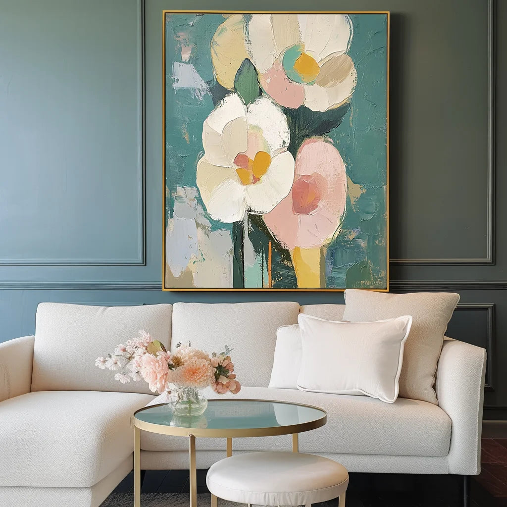 Multicolor Blooms In Hues-Abstract Texture Wall Art Featuring Hand-Painted Pink And Flowers - Artwallpainting