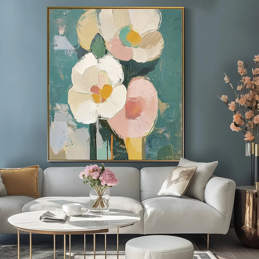 Multicolor Blooms In Hues-Abstract Texture Wall Art Featuring Hand-Painted Pink And Flowers - Artwallpainting
