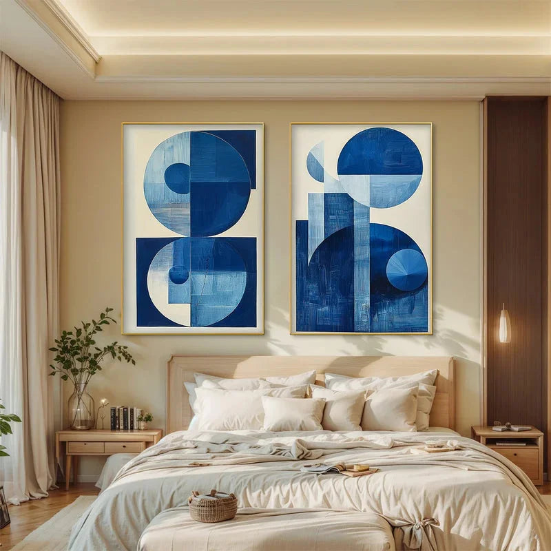Multicolor Blue Harmony Minimalist Geometric Abstract Acrylic Painting (Set Of 2) - Artwallpainting