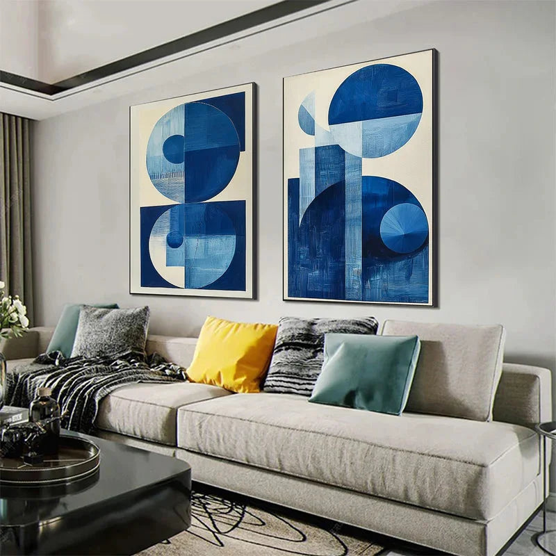 Multicolor Blue Harmony Minimalist Geometric Abstract Acrylic Painting (Set Of 2) - Artwallpainting