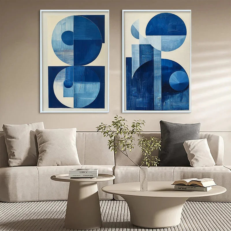 Multicolor Blue Harmony Minimalist Geometric Abstract Acrylic Painting (Set Of 2) - Artwallpainting