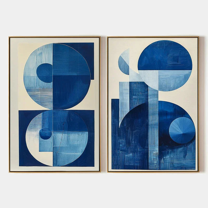 Multicolor Blue Harmony Minimalist Geometric Abstract Acrylic Painting (Set Of 2) - Artwallpainting
