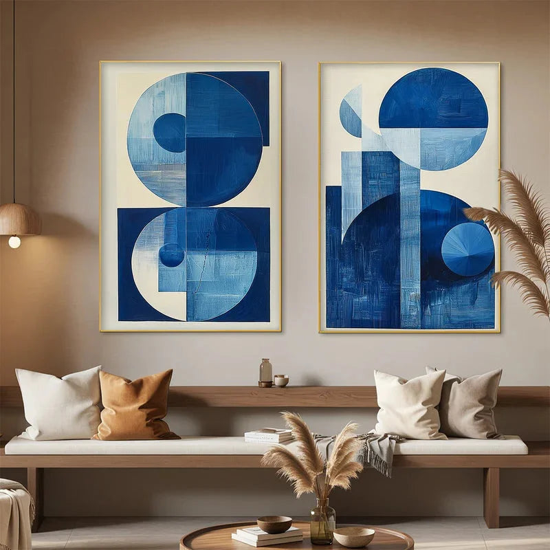 Multicolor Blue Harmony Minimalist Geometric Abstract Acrylic Painting (Set Of 2) - Artwallpainting