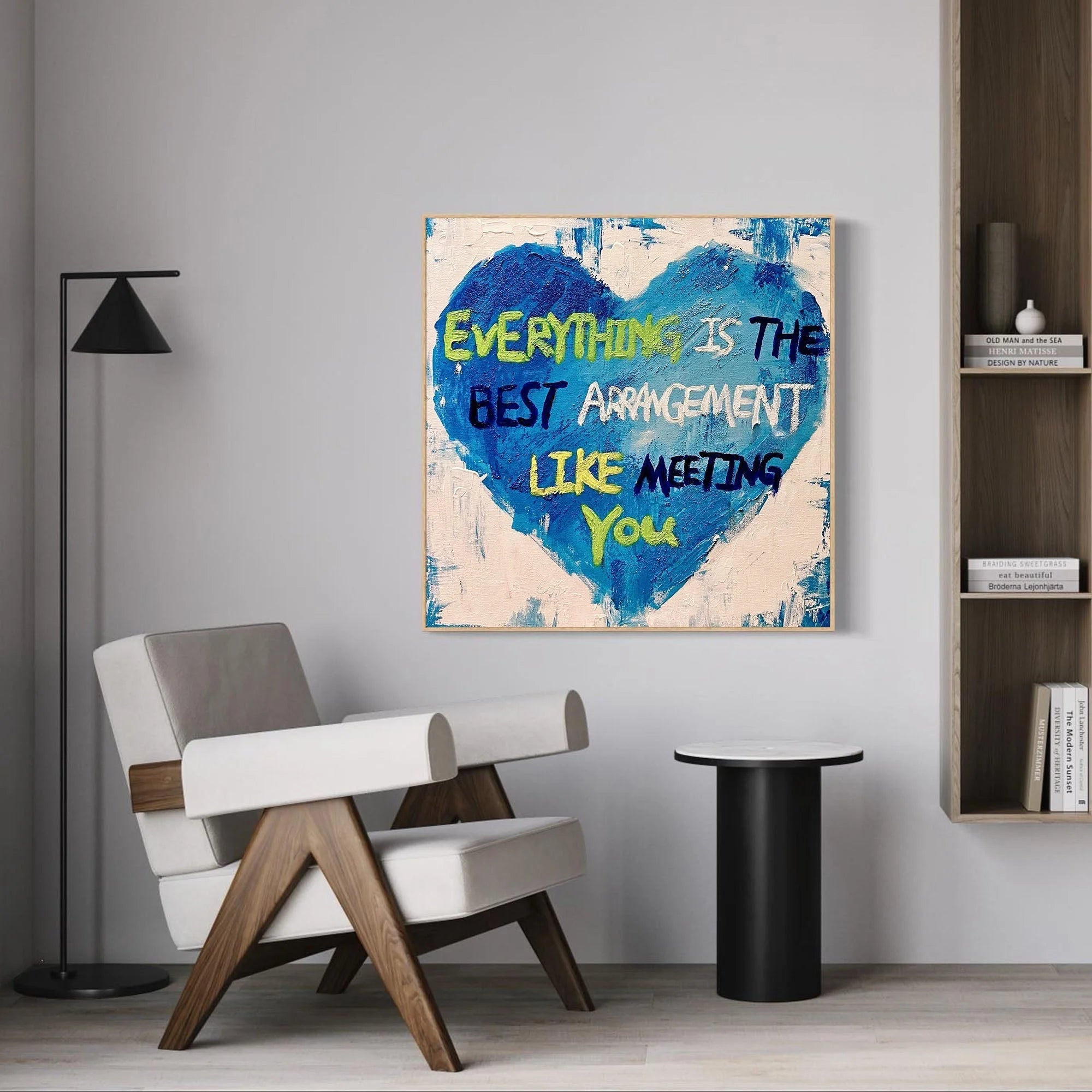 Multicolor Blue Heart Abstract Oil Painting Inspirational Text Art For Walls - Artwallpainting